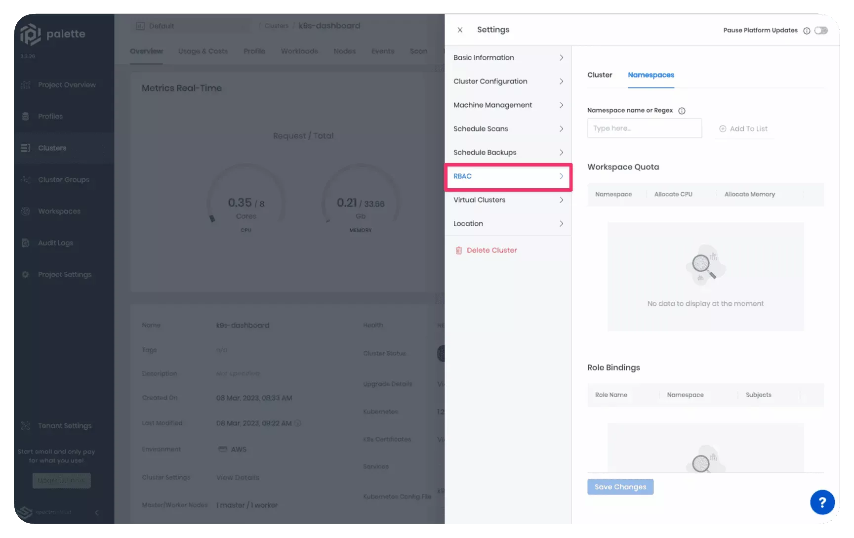 A view of the cluster settings page for an active cluster