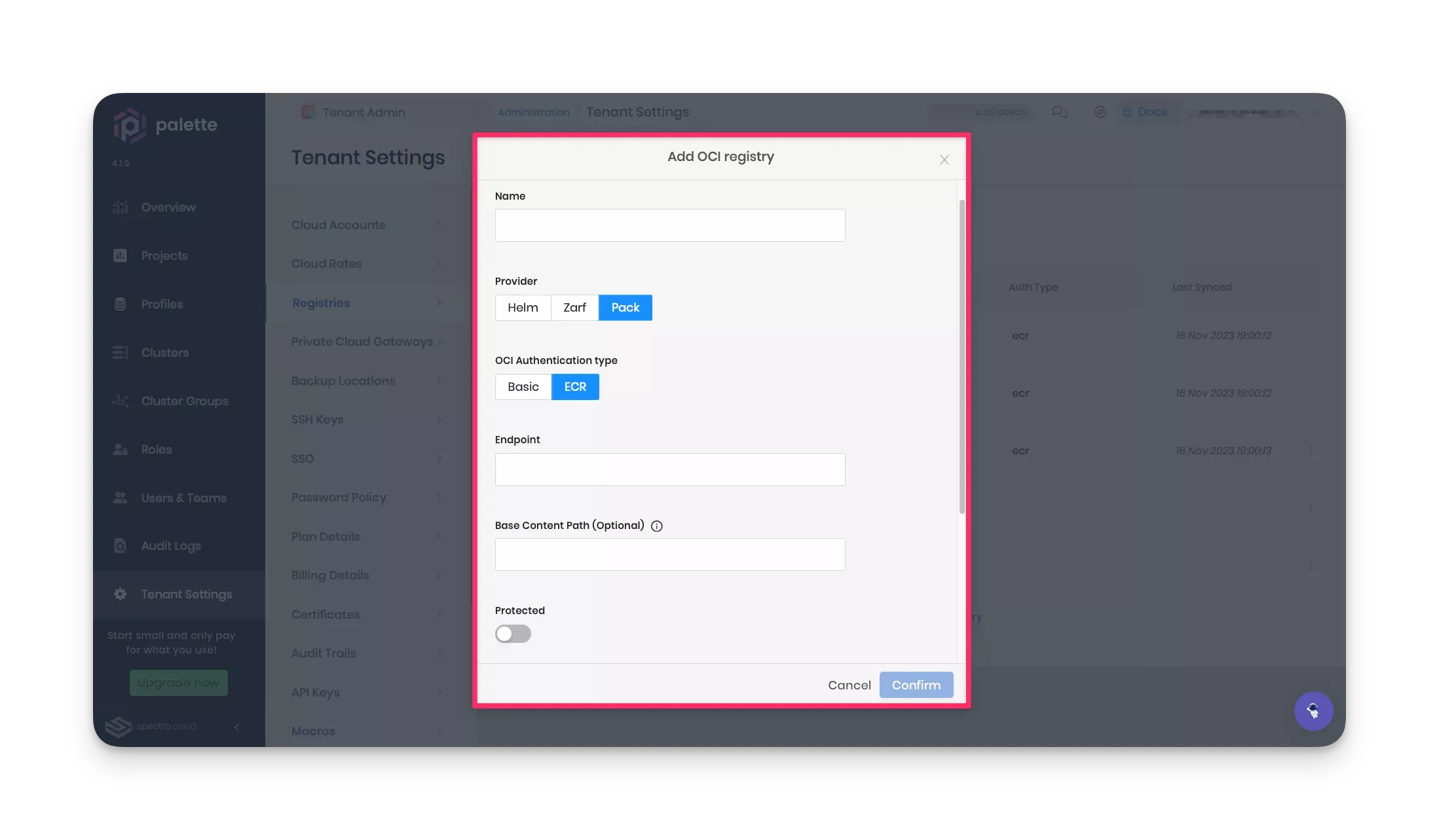 A screenshot highlighting the fields to configure an OCI registry. 