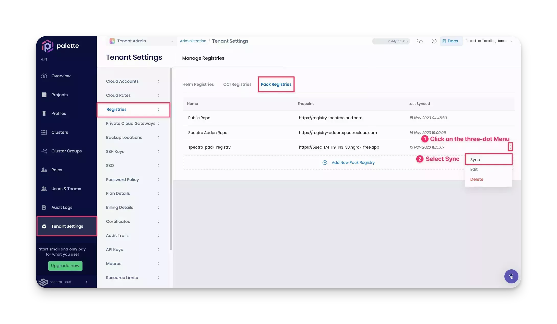 Screenshot of registry server sync in Palette